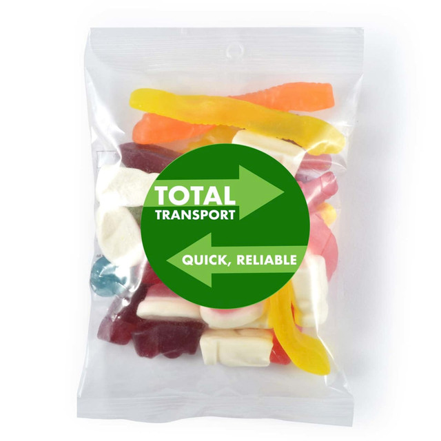 A clear cello bag filled with assorted colorful gummy lollies, featuring various shapes and textures. A clear cello bag filled with assorted colorful gummy lollies, featuring various shapes and textures.