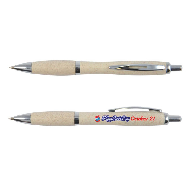 A light-colored eco-friendly pen with silver accents and a branding logo. A light-colored eco-friendly pen with silver accents and a branding logo.
