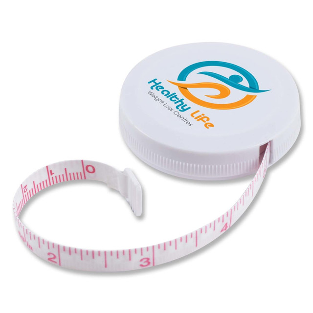 A white tape measure with a pink measuring tape, featuring a logo on the lid. A white tape measure with a pink measuring tape, featuring a logo on the lid.