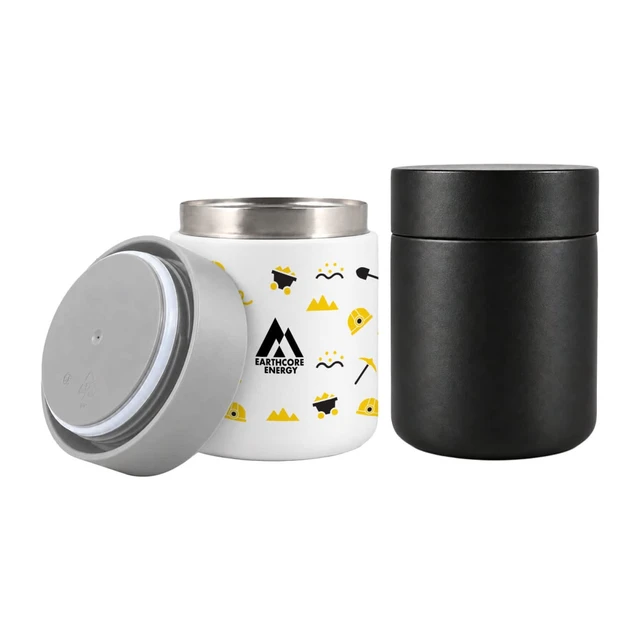 Two food containers are displayed: a white container with colourful patterns and a sleek black container. Both have silver lids.