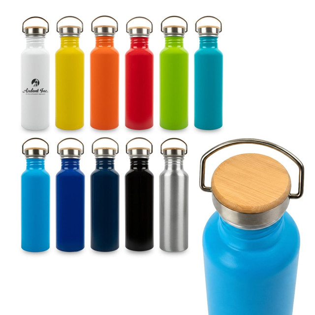 A drink bottle collection featuring various colours including blue, black, green, orange, yellow, and silver, with metal caps and one wooden lid.