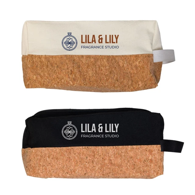 A utility pouch in cream and black, featuring a cork bottom and a zipper, with a logo on both sides.