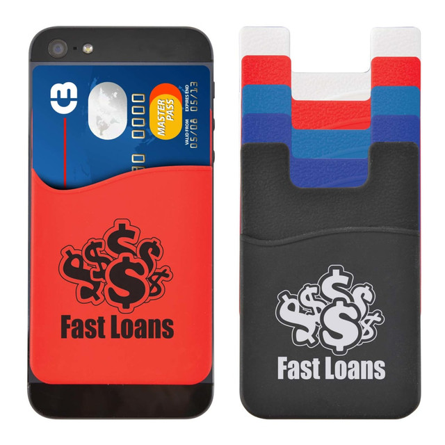 A phone wallet in red and black, holding a card, with multiple colored inserts visible nearby. Features a logo. A phone wallet in red and black, holding a card, with multiple colored inserts visible nearby. Features a logo.
