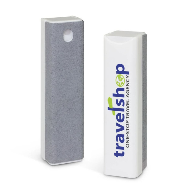 A phone screen cleaner with a gray cleaning surface and a white casing featuring a logo for a travel agency. A phone screen cleaner with a gray cleaning surface and a white casing featuring a logo for a travel agency.