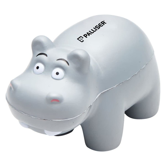 A grey hippo stress toy with large eyes and white teeth, featuring a logo on top. A grey hippo stress toy with large eyes and white teeth, featuring a logo on top.