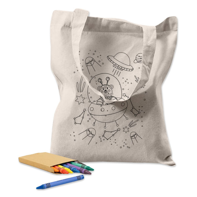 A cream-coloured tote bag featuring a line drawing of a spaceship and aliens, accompanied by colourful crayons.