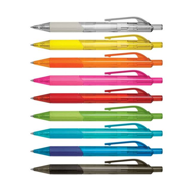 A collection of ten Etna pens in various colours, including grey, orange, pink, green, blue, and black. Each pen features a clip and has a logo.