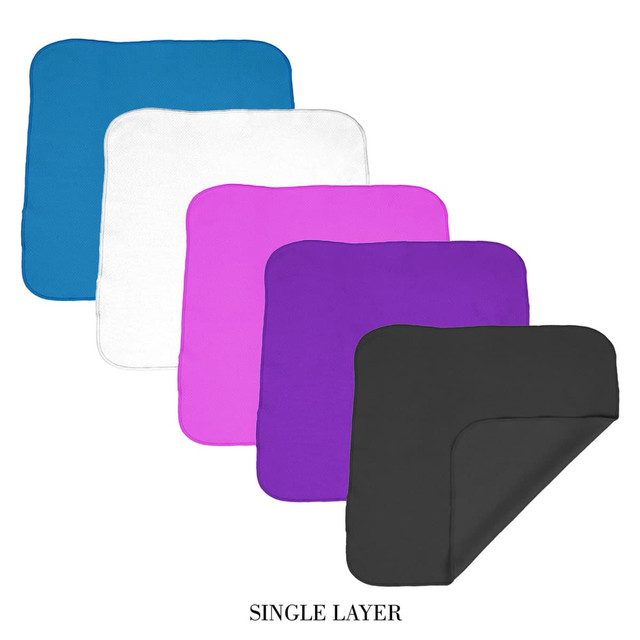 A collection of cooling face cloths in blue, white, pink, purple, and black, featuring a single layer design. A collection of cooling face cloths in blue, white, pink, purple, and black, featuring a single layer design.