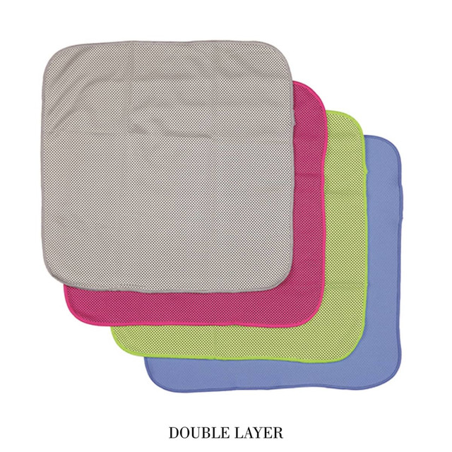 A set of cooling face cloths in grey, pink, lime green, and blue, featuring a textured design and a logo. A set of cooling face cloths in grey, pink, lime green, and blue, featuring a textured design and a logo.