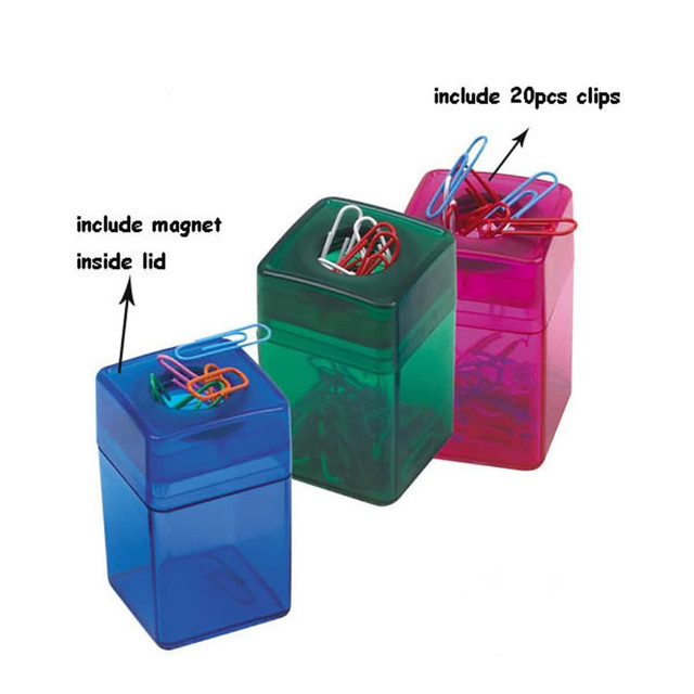 A set of three translucent clip dispensers in blue, green, and pink, each filled with paper clips and featuring a magnetic lid. A set of three translucent clip dispensers in blue, green, and pink, each filled with paper clips and featuring a magnetic lid.