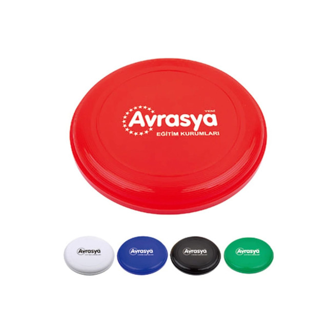 A red Frisbee with a logo, accompanied by white, blue, black, and green options. A red Frisbee with a logo, accompanied by white, blue, black, and green options.
