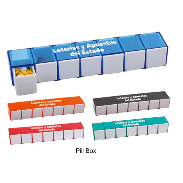 A blue 7-day pill box with separate compartments, accompanied by orange, green, and black versions in the background. A blue 7-day pill box with separate compartments, accompanied by orange, green, and black versions in the background.