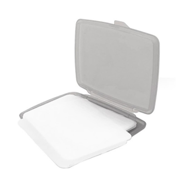 A grey case containing multiple sheets of transparent paper soap, designed for personal hygiene use. A grey case containing multiple sheets of transparent paper soap, designed for personal hygiene use.