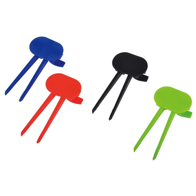 A set of four colourful food clips in blue, red, black, and green, featuring a branding logo.