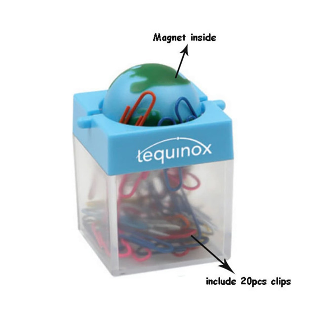 A blue clip dispenser with a globe-shaped lid, containing assorted paper clips inside. It has a logo. A blue clip dispenser with a globe-shaped lid, containing assorted paper clips inside. It has a logo.