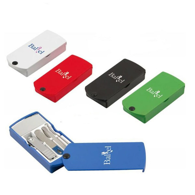 A manicure set in various coloured cases, including white, red, black, green, and blue, featuring grooming tools inside. A manicure set in various coloured cases, including white, red, black, green, and blue, featuring grooming tools inside.