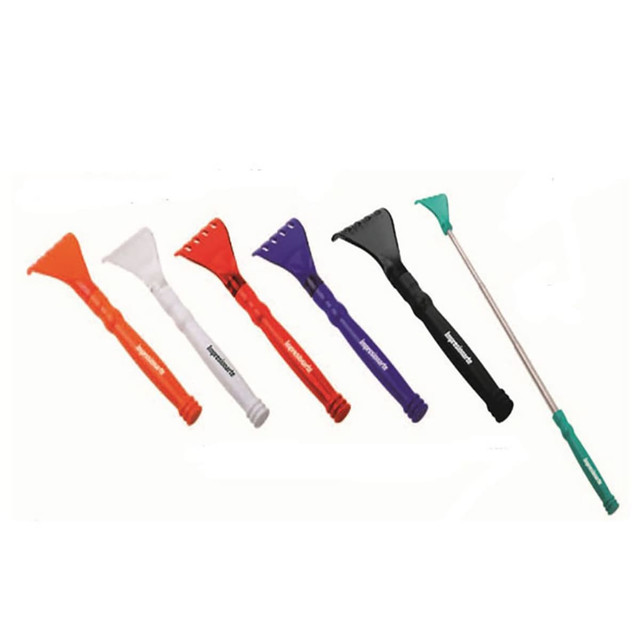 A set of back scratchers in various colours including orange, white, purple, black, and green, featuring different head designs. A set of back scratchers in various colours including orange, white, purple, black, and green, featuring different head designs.