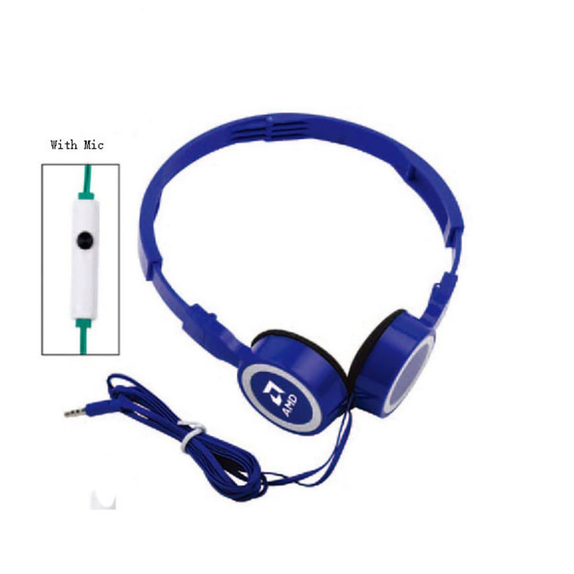 Foldable blue headphones with a microphone and a green audio cable. Features a branding logo on the ear cup. Foldable blue headphones with a microphone and a green audio cable. Features a branding logo on the ear cup.