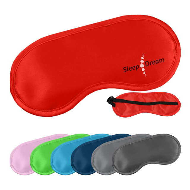A red satin sleep eye mask alongside various other coloured satin eye masks, all featuring branding. A red satin sleep eye mask alongside various other coloured satin eye masks, all featuring branding.