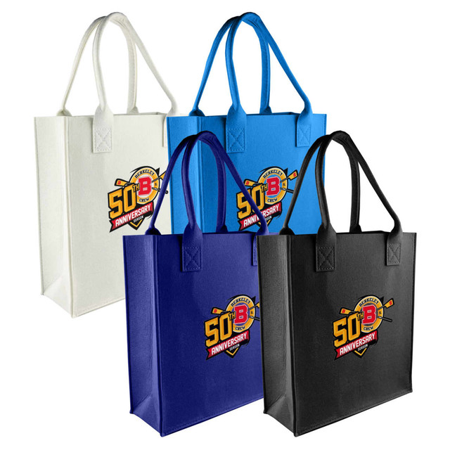 A set of four tote bags in black, blue, white, and navy, each featuring a logo on the front. A set of four tote bags in black, blue, white, and navy, each featuring a logo on the front.