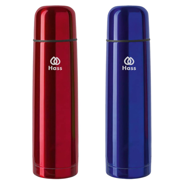 A drink bottle set featuring two stainless steel flasks in red and blue, each with a branded logo. A drink bottle set featuring two stainless steel flasks in red and blue, each with a branded logo.