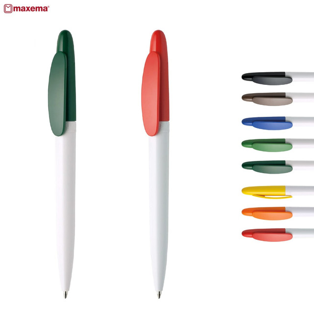 A pair of plastic pens in green and red, with a white barrel, alongside a selection of ink colours. A pair of plastic pens in green and red, with a white barrel, alongside a selection of ink colours.