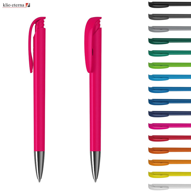 A pink plastic pen with a silver tip, featuring a clip. It has a logo and is displayed alongside various coloured pens. A pink plastic pen with a silver tip, featuring a clip. It has a logo and is displayed alongside various coloured pens.