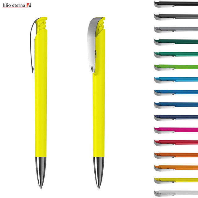 A bright yellow plastic pen with a click mechanism and silver clip, alongside a variety of other coloured pens. A bright yellow plastic pen with a click mechanism and silver clip, alongside a variety of other coloured pens.