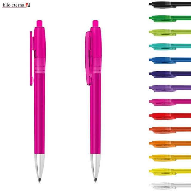 A bright pink plastic pen with a silver tip, alongside a variety of other pen colours in the background. A bright pink plastic pen with a silver tip, alongside a variety of other pen colours in the background.