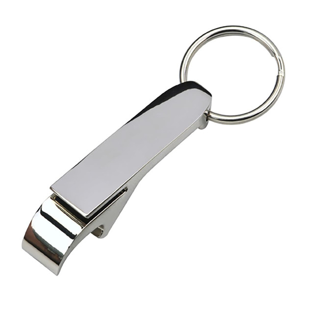 A drink bottle opener key ring in a shiny silver colour with a smooth, sleek design. Includes a circular key ring attachment.