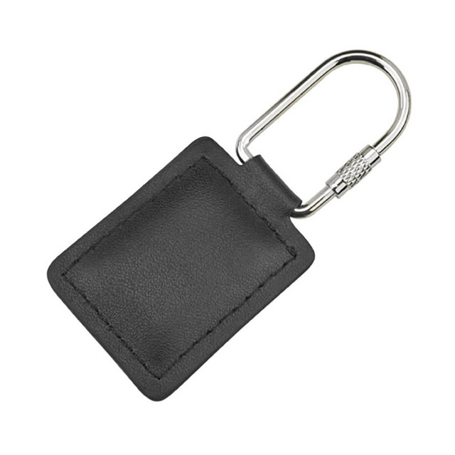 A black leather key ring with a metal clip. It features a simple rectangular design. A black leather key ring with a metal clip. It features a simple rectangular design.