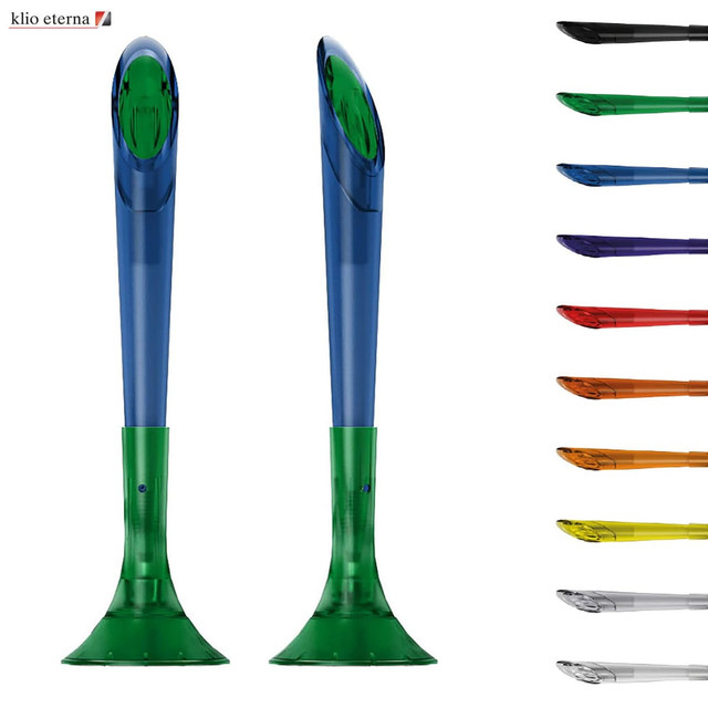 Two plastic pens in green and blue, with a sleek design, accompanied by various other colourful pen options. Two plastic pens in green and blue, with a sleek design, accompanied by various other colourful pen options.