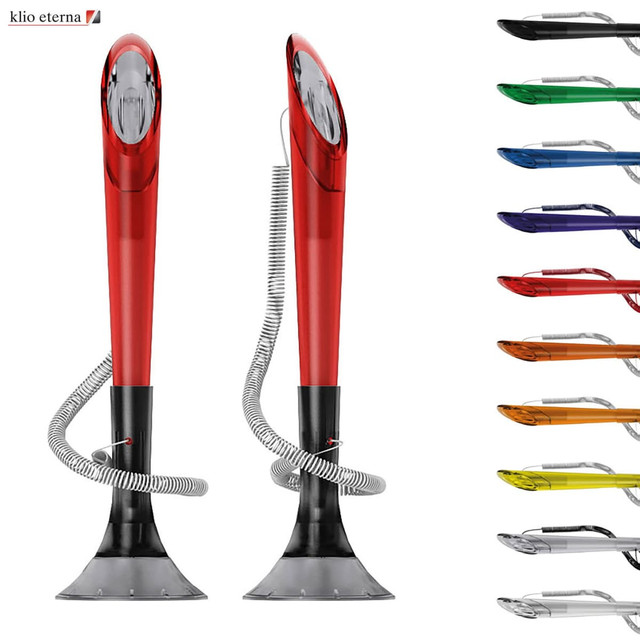 A sleek, red plastic pen with a unique design, featuring a coiled grip and a base, among various colour options. A sleek, red plastic pen with a unique design, featuring a coiled grip and a base, among various colour options.