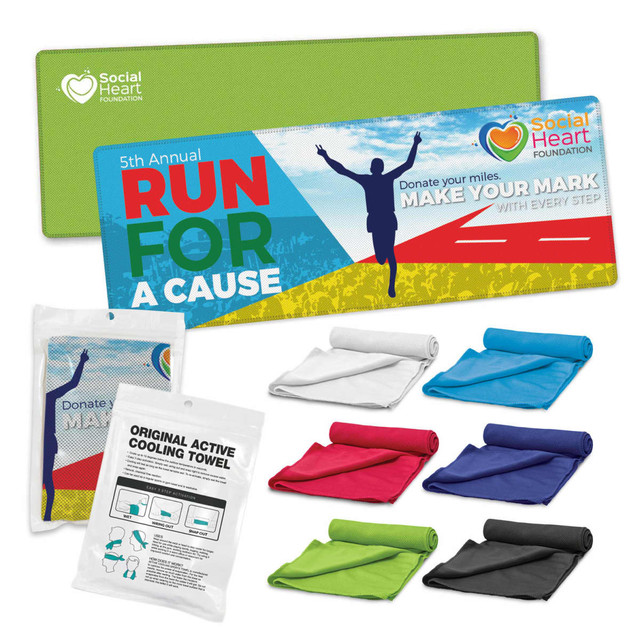 A collection of active cooling towels in various colours, displayed with a branded pouch and a promotional banner.