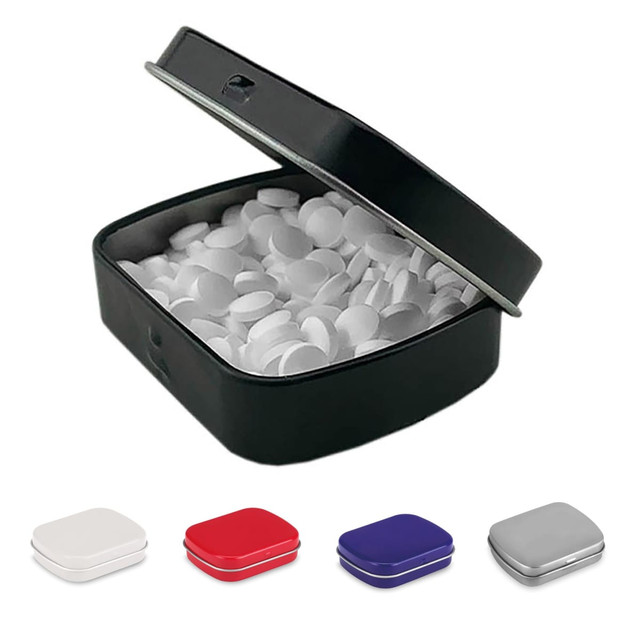 A rectangular mint tin in black, filled with white mints, alongside options in red, blue, white, and grey. Logo present. A rectangular mint tin in black, filled with white mints, alongside options in red, blue, white, and grey. Logo present.