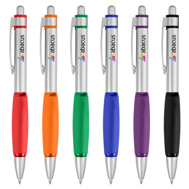 A collection of six metal pens in red, orange, green, blue, purple, and black with silver accents and a logo.