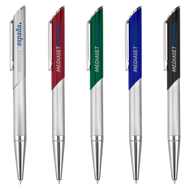 A collection of metal pens in silver, red, green, blue, and black, each featuring a logo.