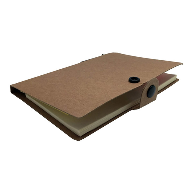 A brown adhesive marker note pad with a button closure and multiple coloured pages inside. It has a simple design. A brown adhesive marker note pad with a button closure and multiple coloured pages inside. It has a simple design.