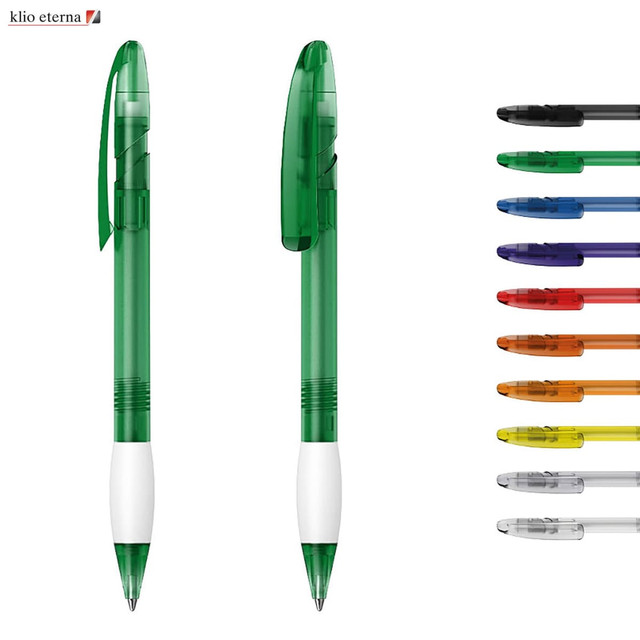 Two green plastic pens with white grips, alongside a variety of pens in multiple colours. The image includes branding.