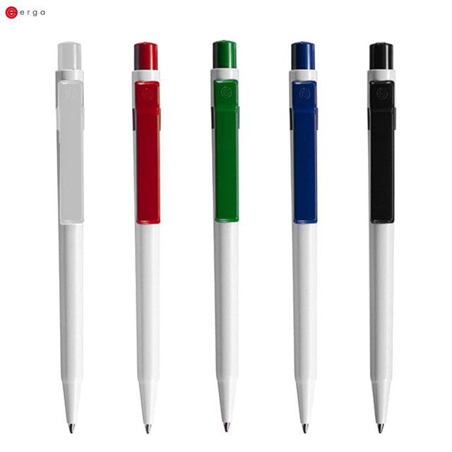 A set of five plastic pens in white, red, green, blue, and black, each with a matching cap and clip.