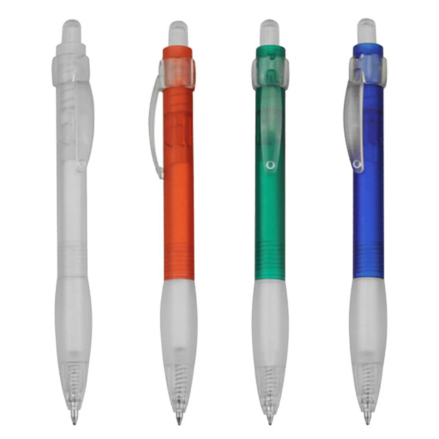 A set of four plastic pens in clear, orange, green, and blue, each with a clip and retractable tip. A set of four plastic pens in clear, orange, green, and blue, each with a clip and retractable tip.