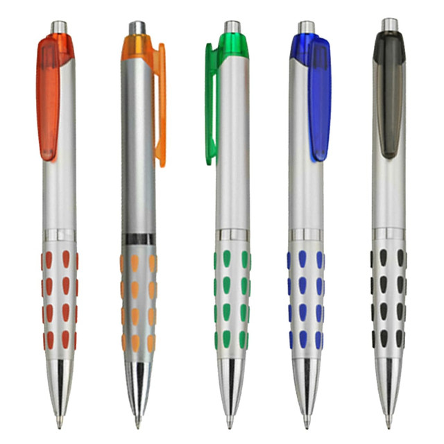 A collection of five plastic pens in silver, featuring bright accents in orange, green, blue, and black, with dotted grips.