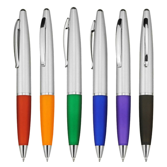 A set of six plastic pens featuring silver accents and brightly coloured grips in red, orange, green, blue, purple, and black. A set of six plastic pens featuring silver accents and brightly coloured grips in red, orange, green, blue, purple, and black.