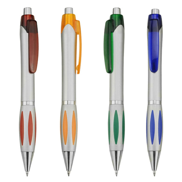 Four plastic pens in silver with coloured accents: brown, orange, green, and blue. Each pen features a logo.