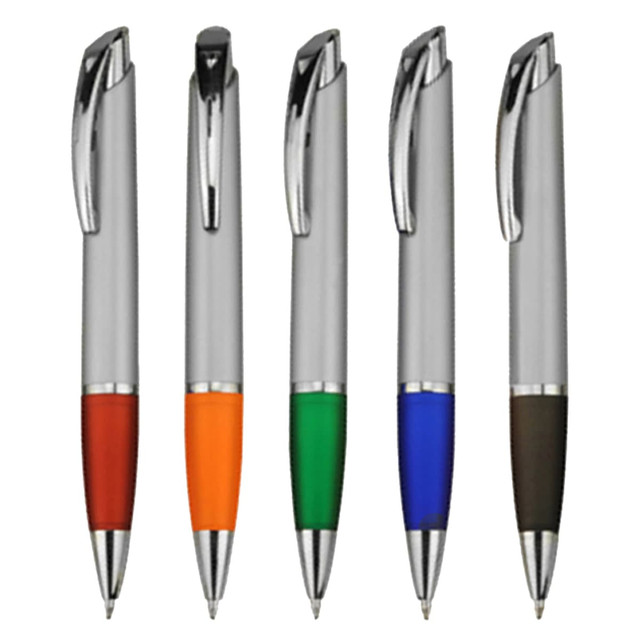 A set of five plastic pens in red, orange, green, blue, and brown with chrome accents and a logo on each pen.