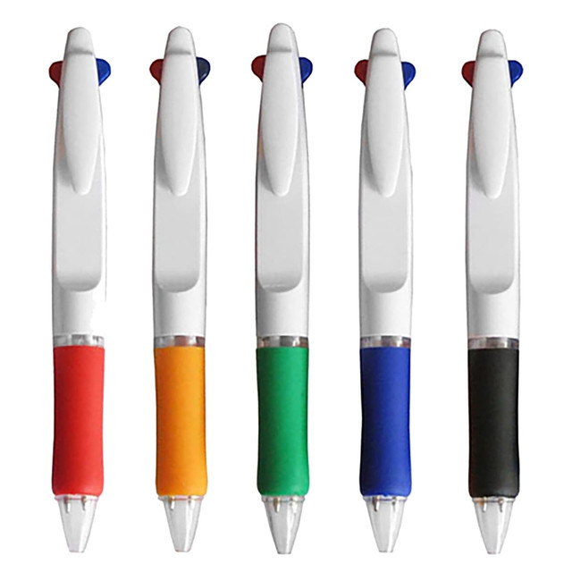 Five plastic pens in different colours: red, orange, green, blue, and black, with a white body and a logo.