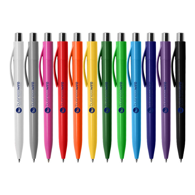 A collection of plastic pens in white, grey, red, orange, yellow, green, blue, and purple, featuring a logo.