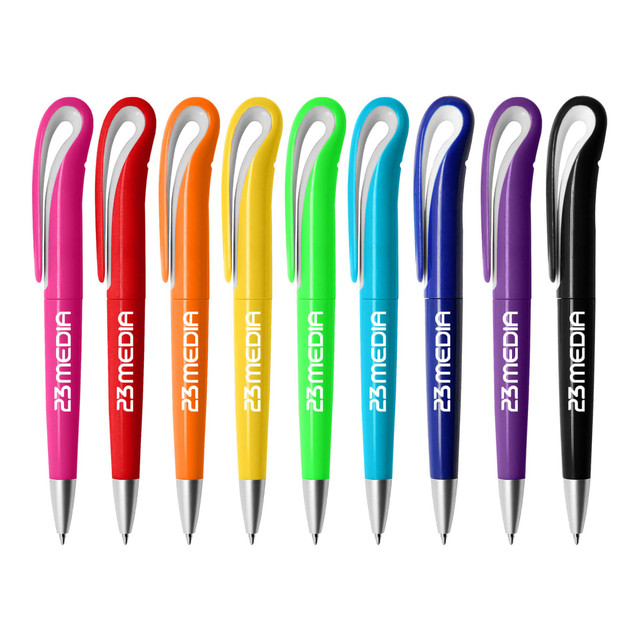 A collection of plastic pens in red, orange, green, yellow, blue, purple, and black with a logo design.