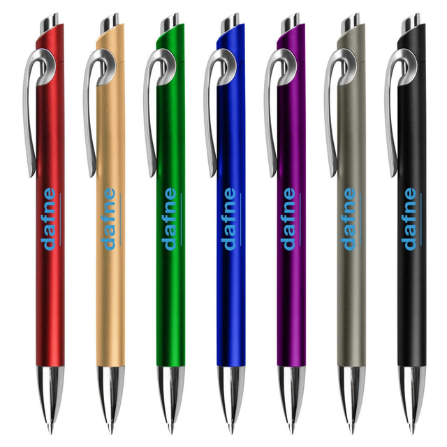 A collection of plastic pens in red, gold, green, blue, purple, grey, and silver, each featuring a logo.