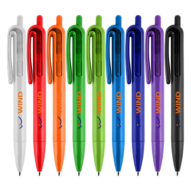 A collection of plastic pens in white, orange, green, blue, purple, and black, featuring a logo.